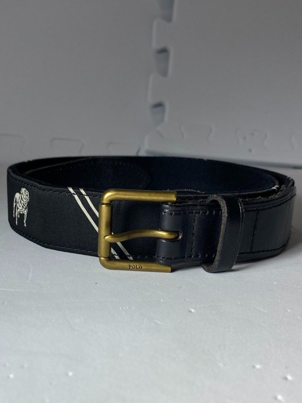 POLO RALPH LAUREN Bulldog Black Striped Ribbon Leather Trim Belt Preppy 32/80
